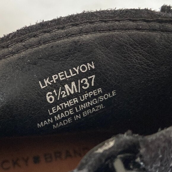 NWOT! New Lucky Brand Pellyon black suede ankle boot, brown chunky stacked heel - Picture 6 of 9